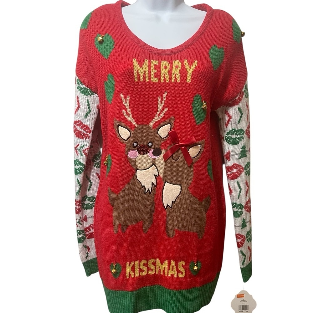 Joyland Red Merry Kissmas Women Novelty Christmas Holiday Tunic Sweater sz S NWT
